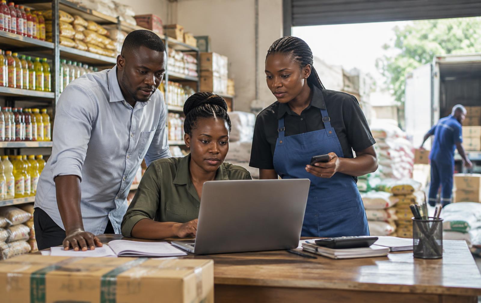Small business team reviewing inventory and sales information