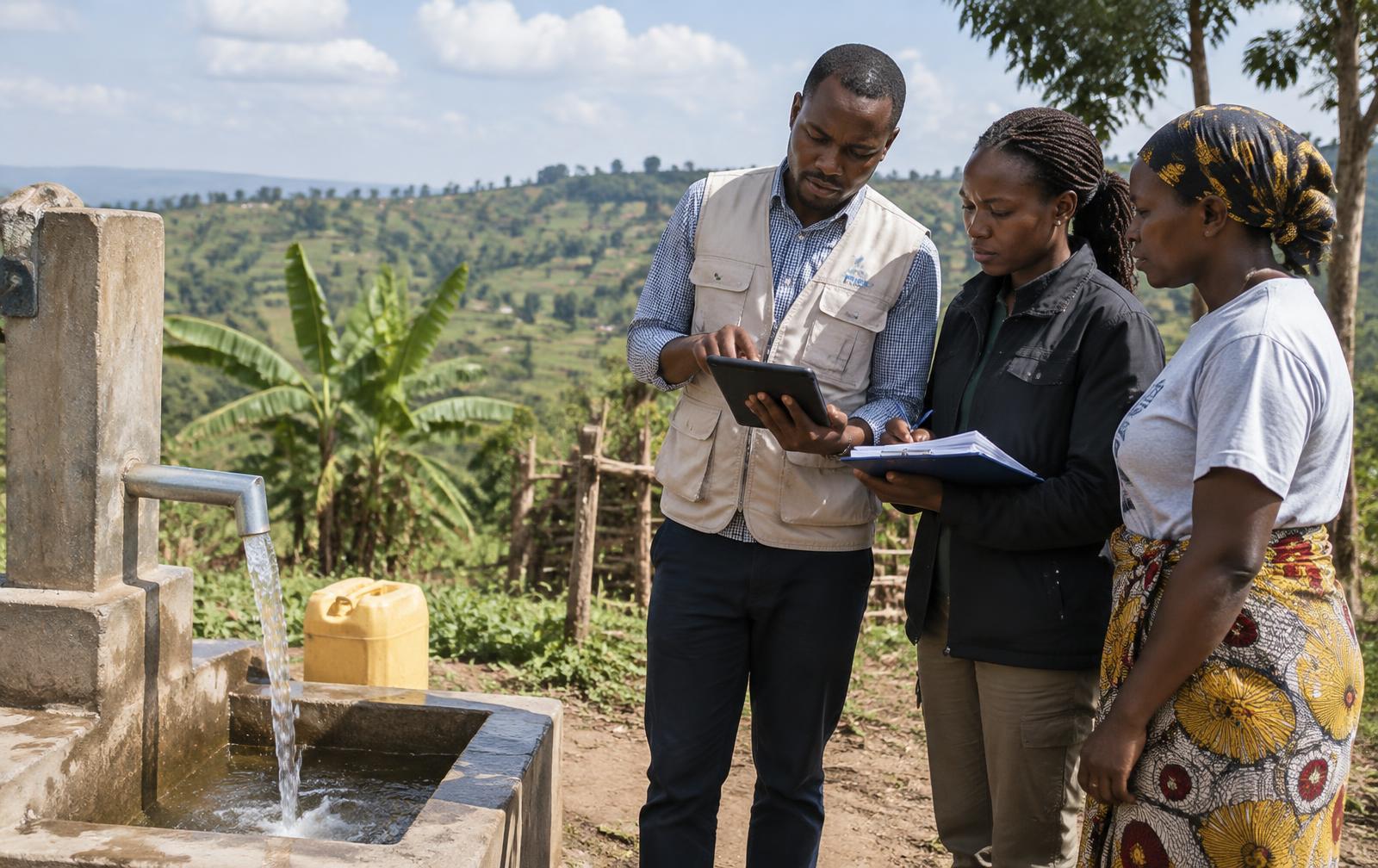 Water programme staff and a community representative reviewing a water point